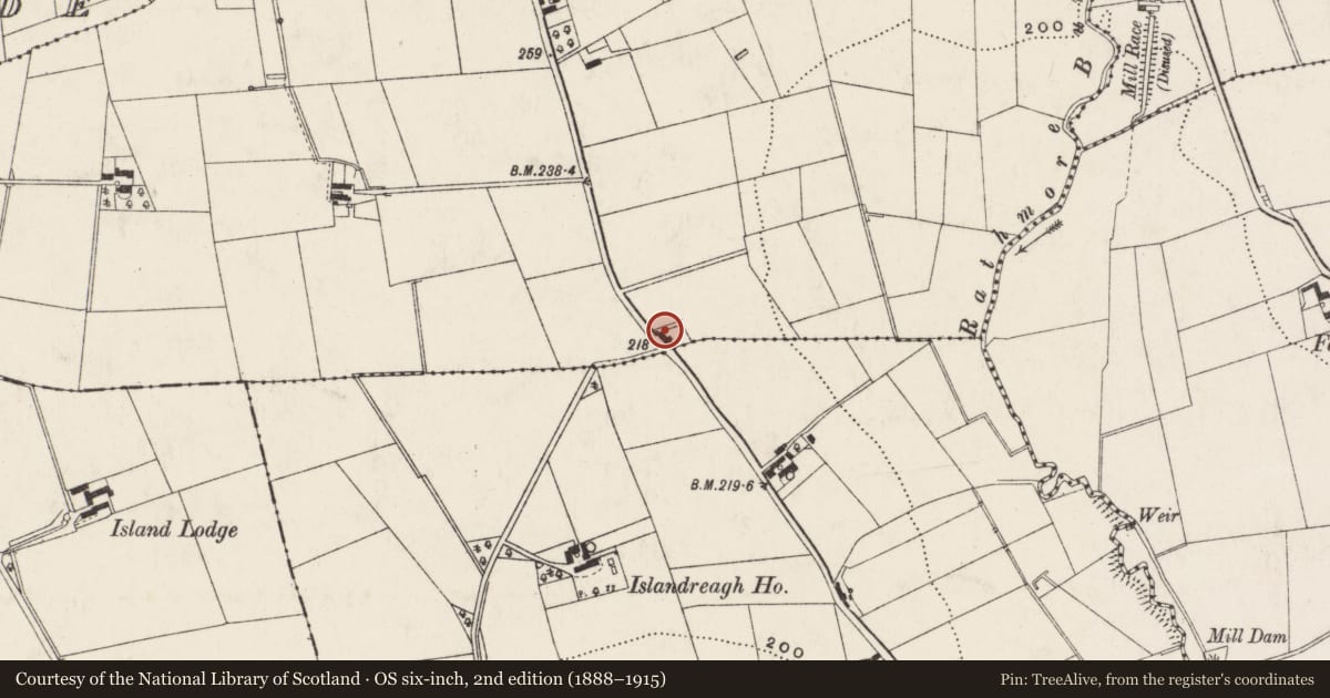 Ordnance Survey six-inch map, 2nd edition (1888–1915) covering the location of 43-45 Rathmore Road, Antrim, with a pin at the register's coordinates