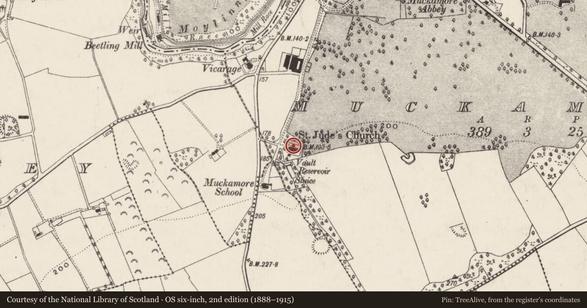 Ordnance Survey six-inch map, 2nd edition (1888–1915) covering the location of St Judes Church (C 0f I), Muckamore, Antrim and Newtownabbey, with a pin at the register's coordinates