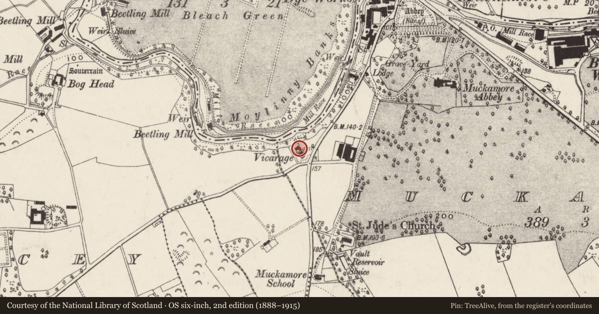 Ordnance Survey six-inch map, 2nd edition (1888–1915) covering the location of The Old Rectory, Muckamore, Antrim and Newtownabbey, with a pin at the register's coordinates