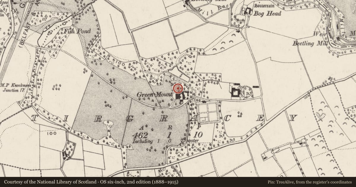 Ordnance Survey six-inch map, 2nd edition (1888–1915) covering the location of The Manor House, Tirgracey, Antrim and Newtownabbey, with a pin at the register's coordinates