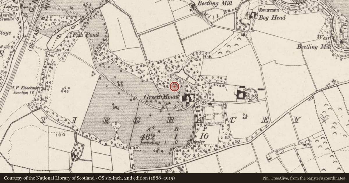 Ordnance Survey six-inch map, 2nd edition (1888–1915) covering the location of The Lodge, Tirgracey, Antrim and Newtownabbey, with a pin at the register's coordinates