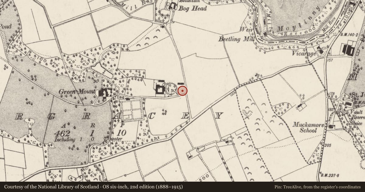 Ordnance Survey six-inch map, 2nd edition (1888–1915) covering the location of 30 Greenmount Road, Tirgracey, Antrim and Newtownabbey, with a pin at the register's coordinates