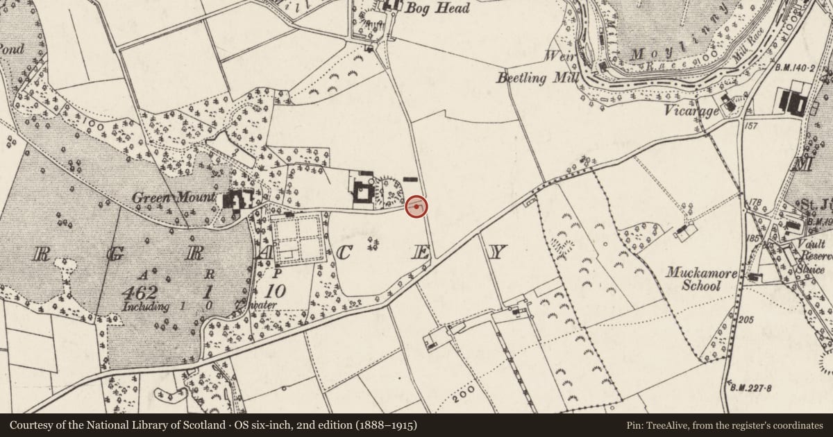 Ordnance Survey six-inch map, 2nd edition (1888–1915) covering the location of 31 Greenmount Road, Tirgracey, Antrim and Newtownabbey, with a pin at the register's coordinates