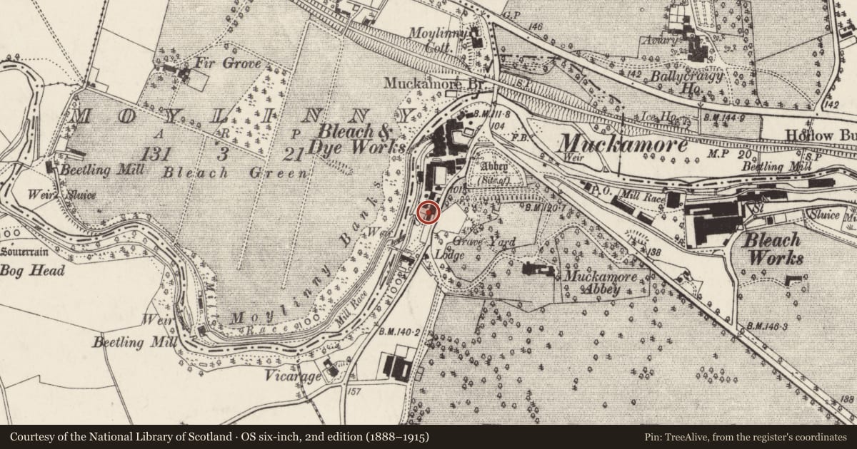 Ordnance Survey six-inch map, 2nd edition (1888–1915) covering the location of Glenhurst, Muckamore, Antrim and Newtownabbey, with a pin at the register's coordinates