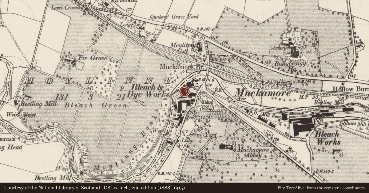 Ordnance Survey six-inch map, 2nd edition (1888–1915) covering the location of The Green Mill, Muckamore, Antrim and Newtownabbey, with a pin at the register's coordinates