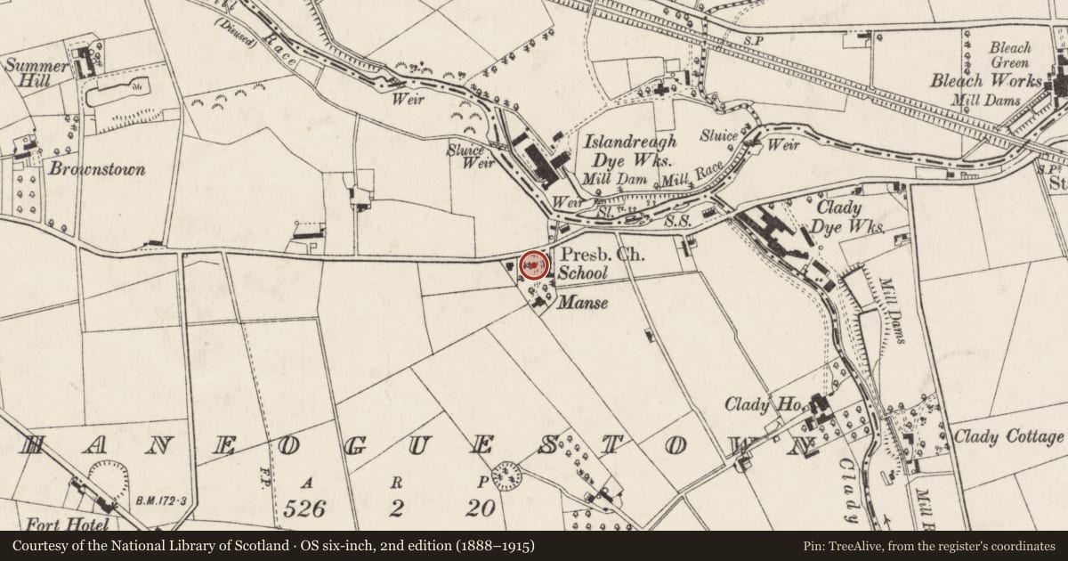 Ordnance Survey six-inch map, 2nd edition (1888–1915) covering the location of Muckamore Presbyterian Church, Shaneoguestown, Antrim and Newtownabbey, with a pin at the register's coordinates