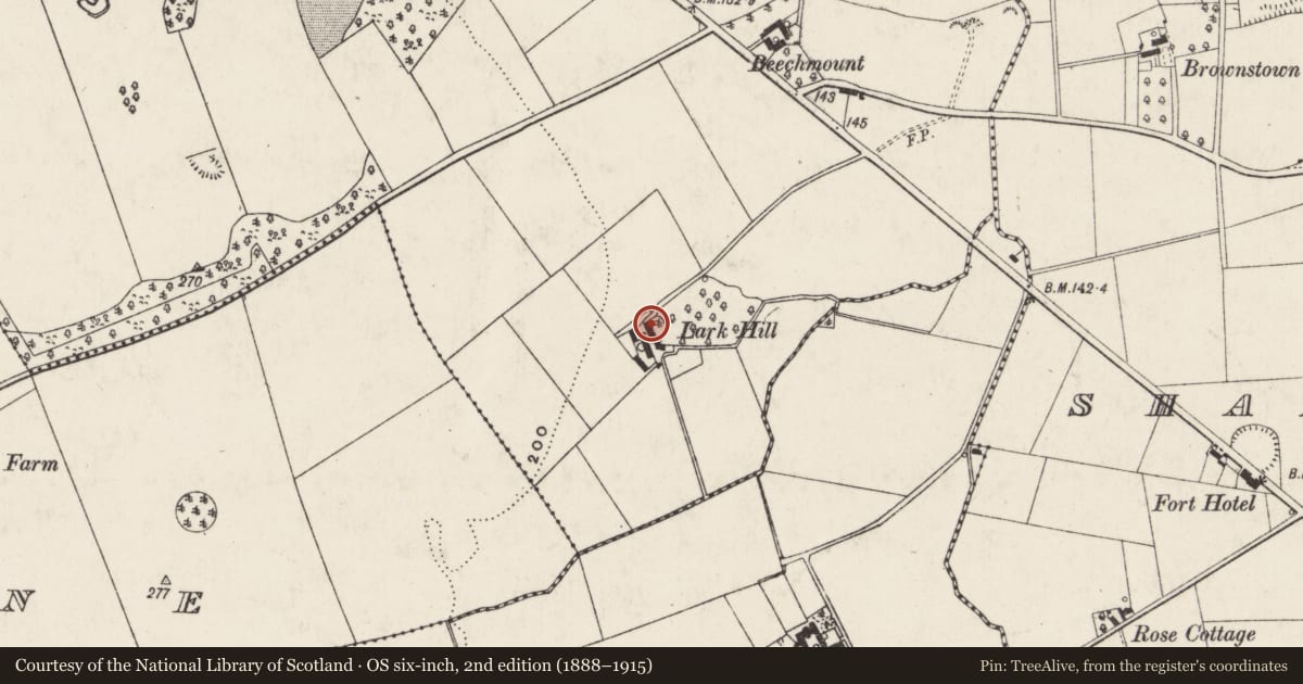 Ordnance Survey six-inch map, 2nd edition (1888–1915) covering the location of Lark Hill, Muckamore, Antrim and Newtownabbey, with a pin at the register's coordinates