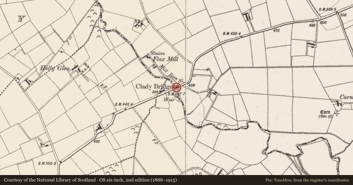 Ordnance Survey six-inch map, 2nd edition (1888–1915) covering the location of Clady Bridge, Ballymather Lower/Rickamore, Antrim and Newtownabbey, with a pin at the register's coordinates