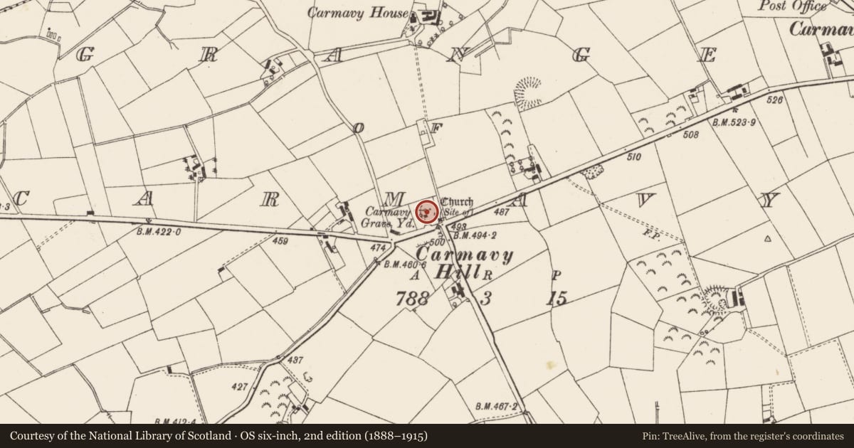 Ordnance Survey six-inch map, 2nd edition (1888–1915) covering the location of The Stewart Mausoleum, Carmavy Graveyard, Carmavy Road, Nutts Corner, Crumlin, Co Antrim, Grange of Carmavy, Antrim and Newtownabbey, with a pin at the register's coordinates