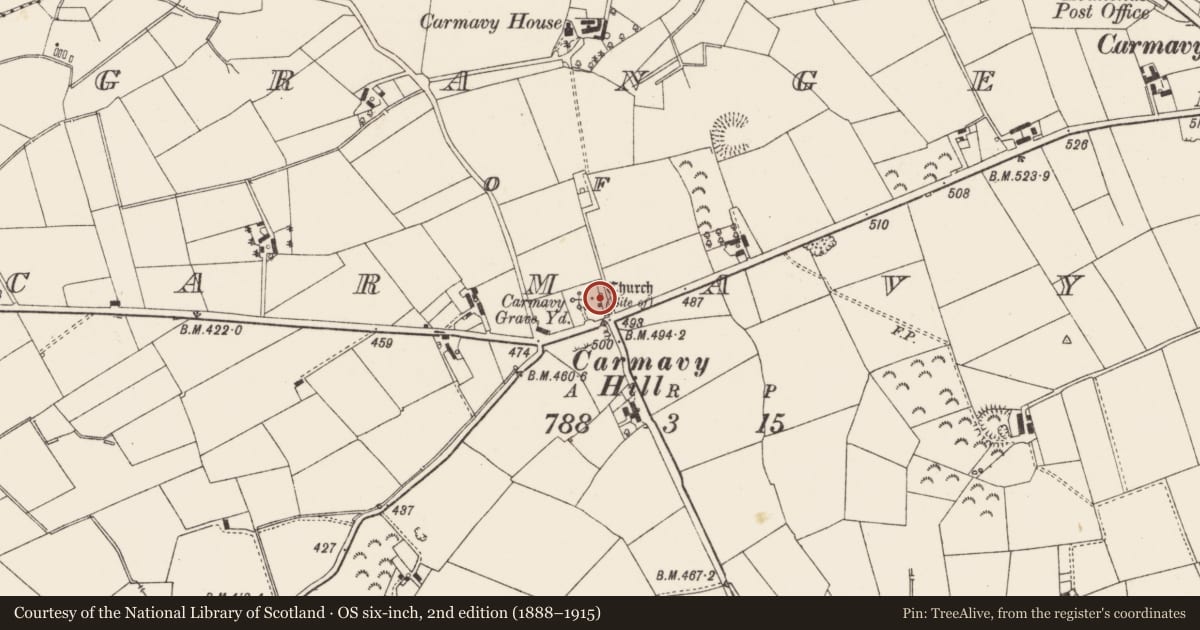 Ordnance Survey six-inch map, 2nd edition (1888–1915) covering the location of The Ferguson Mausoleum, Carmavy Graveyard, Carmavy Road, Nutts Corner, Crumlin, Co Antrim, Grange of Carmavy, Antrim and Newtownabbey, with a pin at the register's coordinates