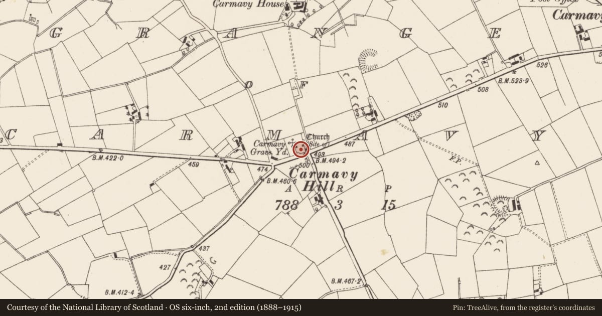 Ordnance Survey six-inch map, 2nd edition (1888–1915) covering the location of Carmavy Graveyard, Grange of Carmavy, Antrim and Newtownabbey, with a pin at the register's coordinates