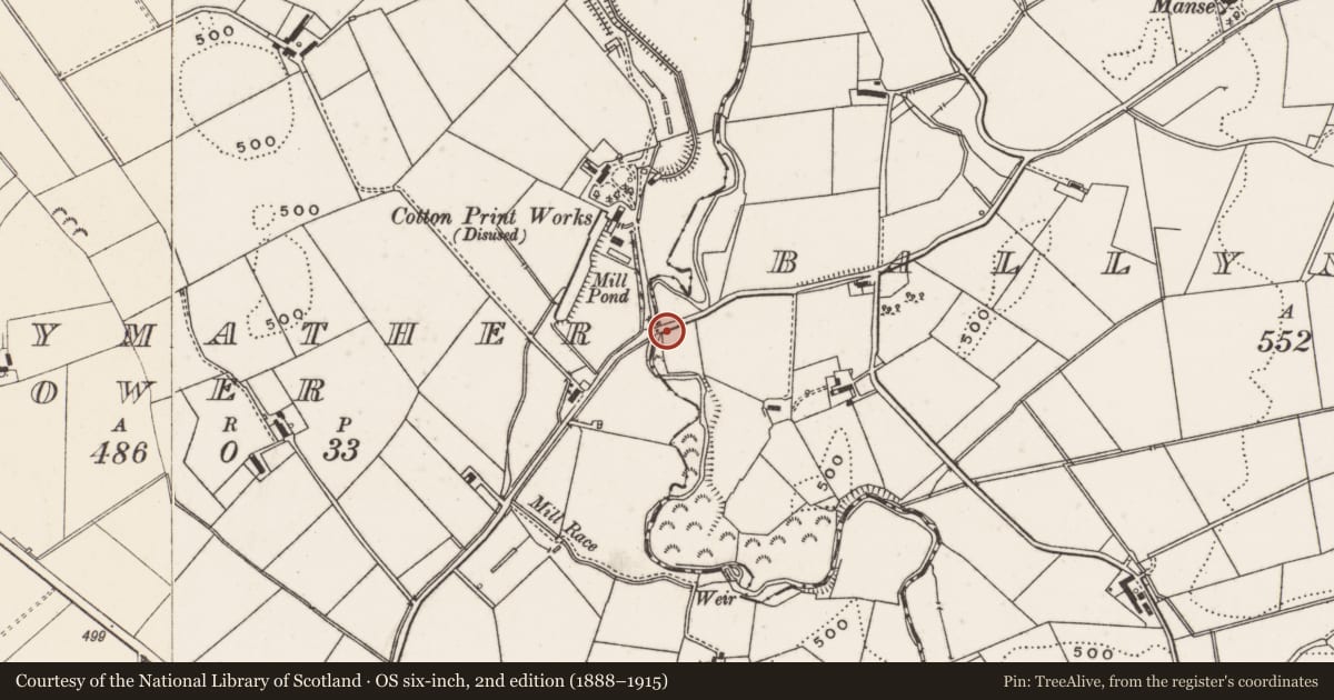 Ordnance Survey six-inch map, 2nd edition (1888–1915) covering the location of Bridge over Clady Water, Ballymather Lower, Antrim and Newtownabbey, with a pin at the register's coordinates