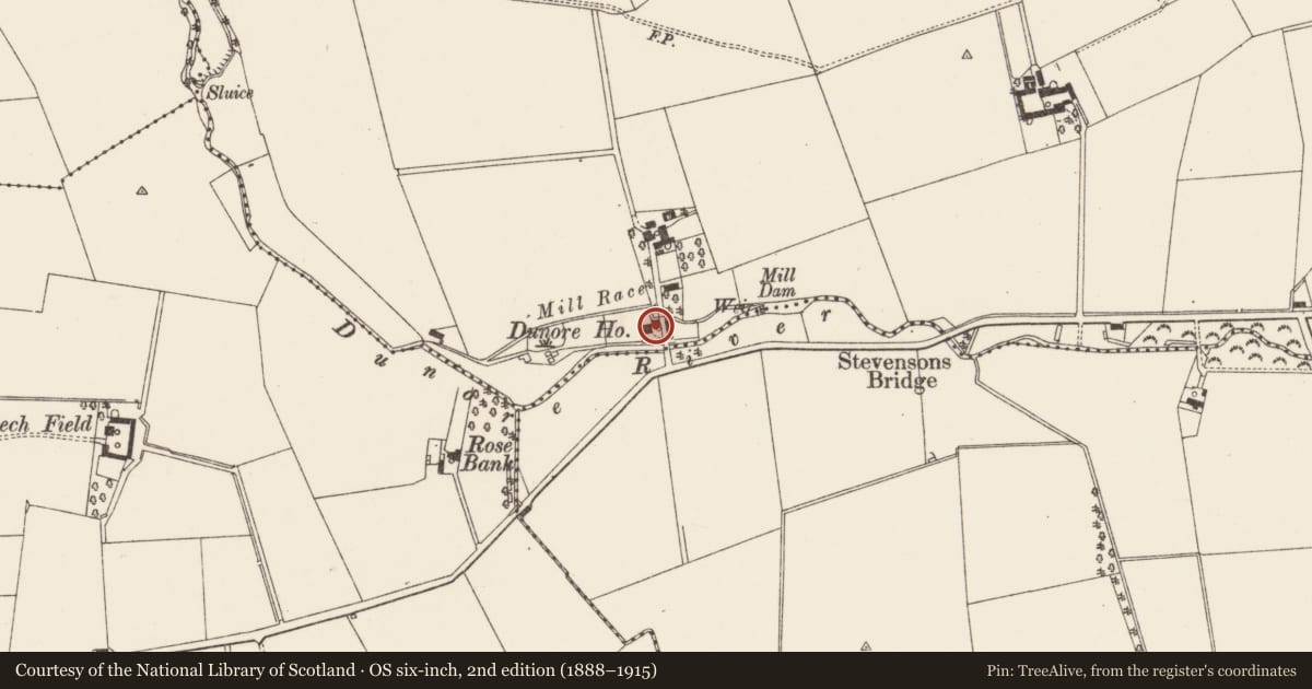 Ordnance Survey six-inch map, 2nd edition (1888–1915) covering the location of Dunore House, Crookedstone, Antrim and Newtownabbey, with a pin at the register's coordinates
