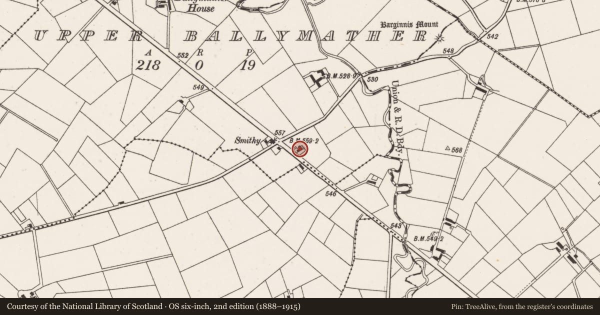 Ordnance Survey six-inch map, 2nd edition (1888–1915) covering the location of Former smithy, Upper Ballymather, Antrim and Newtownabbey, with a pin at the register's coordinates