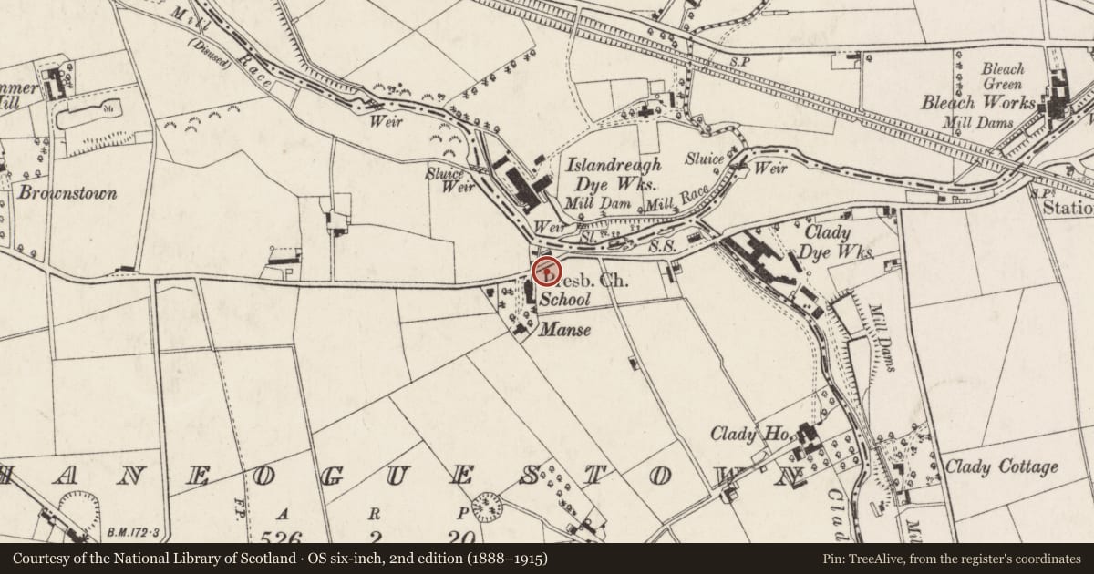 Ordnance Survey six-inch map, 2nd edition (1888–1915) covering the location of Lawther National School, Shaneoguestown, Antrim and Newtownabbey, with a pin at the register's coordinates