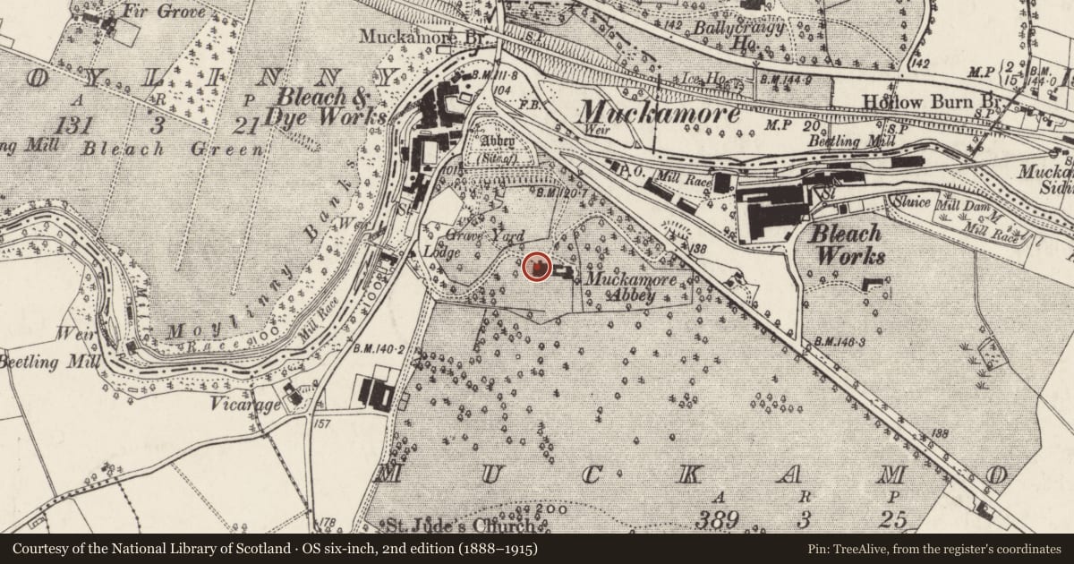 Ordnance Survey six-inch map, 2nd edition (1888–1915) covering the location of Muckamore House, Antrim and Newtownabbey, with a pin at the register's coordinates