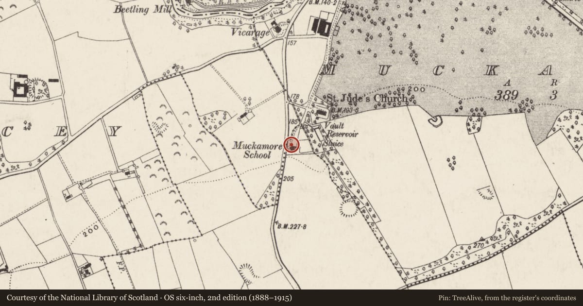 Ordnance Survey six-inch map, 2nd edition (1888–1915) covering the location of 47 Oldstone Road, Muckamore, Antrim and Newtownabbey, with a pin at the register's coordinates