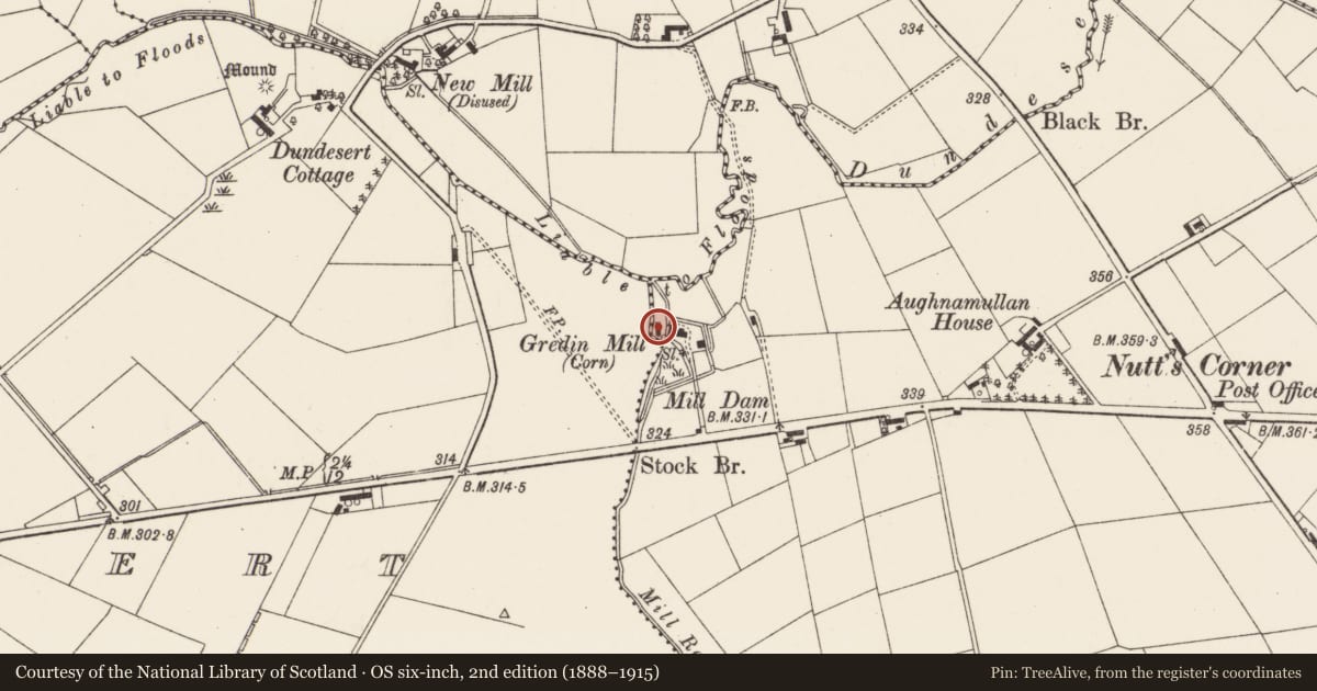 Ordnance Survey six-inch map, 2nd edition (1888–1915) covering the location of 62 Nutts Corner Road, Aughnamullen, Antrim and Newtownabbey, with a pin at the register's coordinates