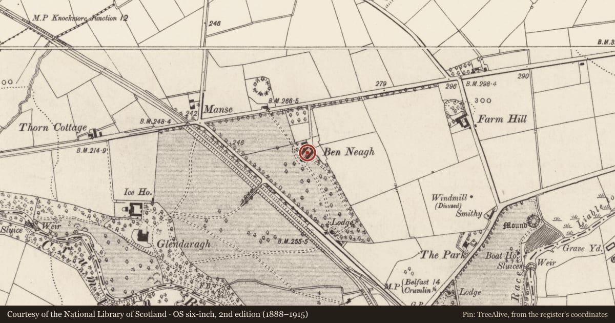 Ordnance Survey six-inch map, 2nd edition (1888–1915) covering the location of Ben Neagh, Crosshill, Antrim and Newtownabbey, with a pin at the register's coordinates