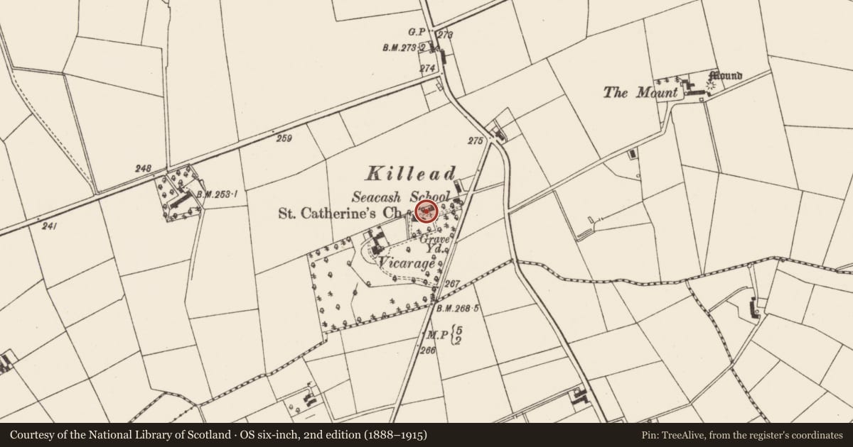 Ordnance Survey six-inch map, 2nd edition (1888–1915) covering the location of St Catherine's C. of I. Church, Seacash, Antrim and Newtownabbey, with a pin at the register's coordinates