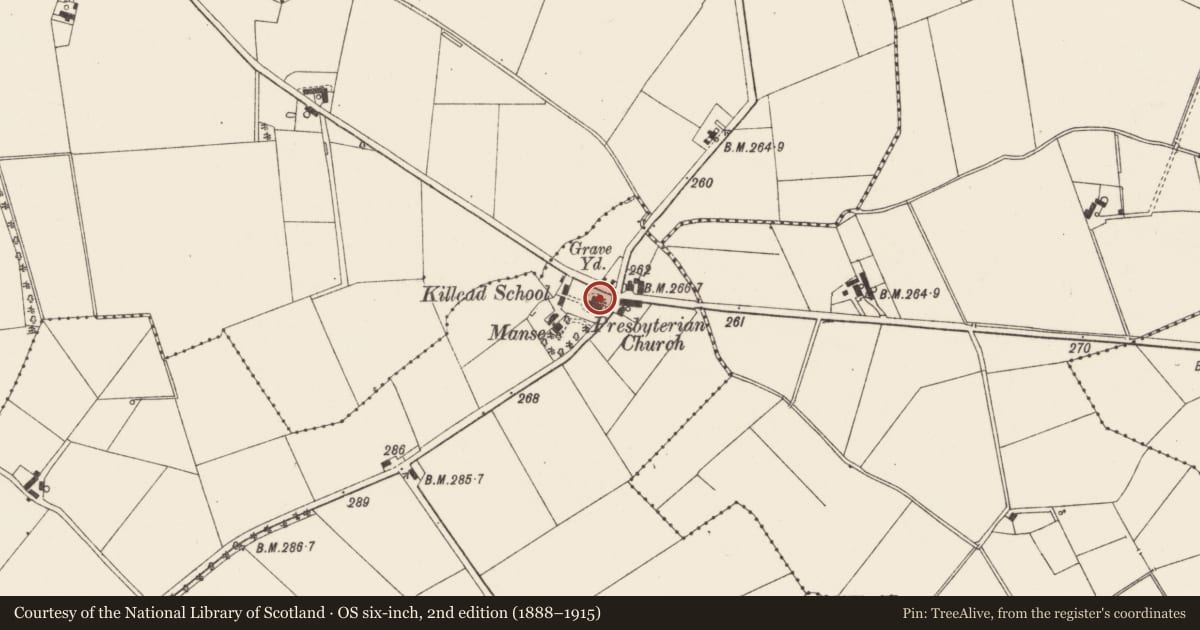 Ordnance Survey six-inch map, 2nd edition (1888–1915) covering the location of Killead Presbyterian Church, Tully, Antrim and Newtownabbey, with a pin at the register's coordinates