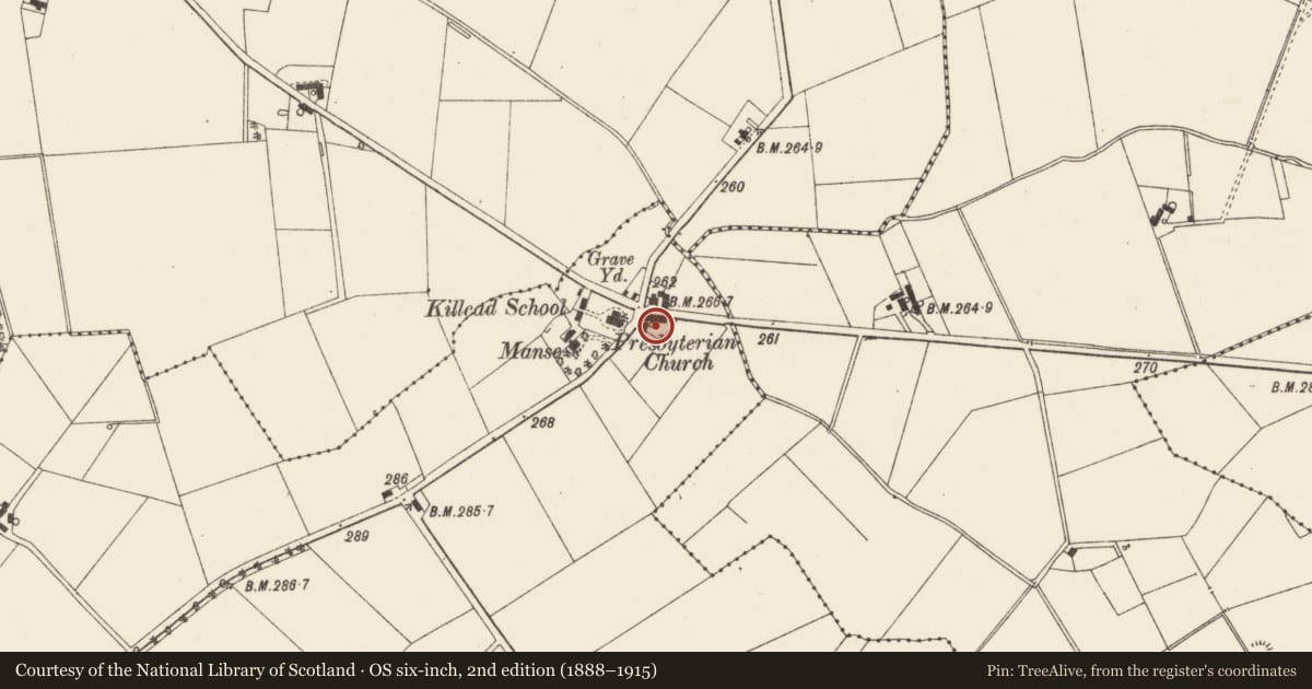 Ordnance Survey six-inch map, 2nd edition (1888–1915) covering the location of 53 Killead Road, Tully, Antrim and Newtownabbey, with a pin at the register's coordinates