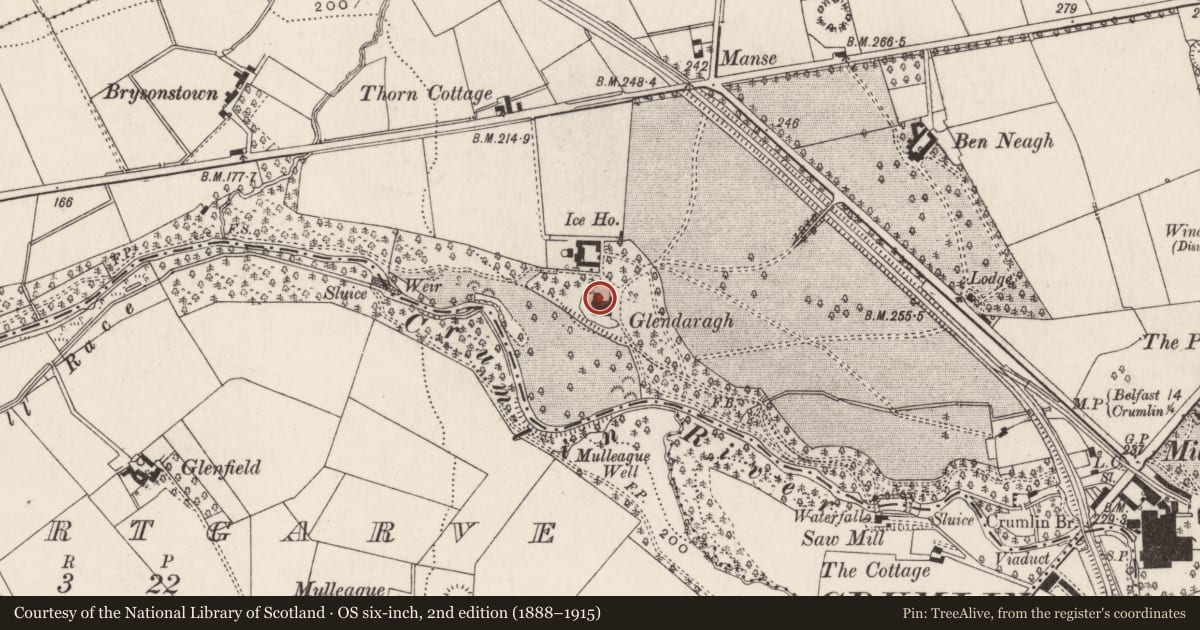Ordnance Survey six-inch map, 2nd edition (1888–1915) covering the location of Glendaragh, Crosshill, Antrim and Newtownabbey, with a pin at the register's coordinates