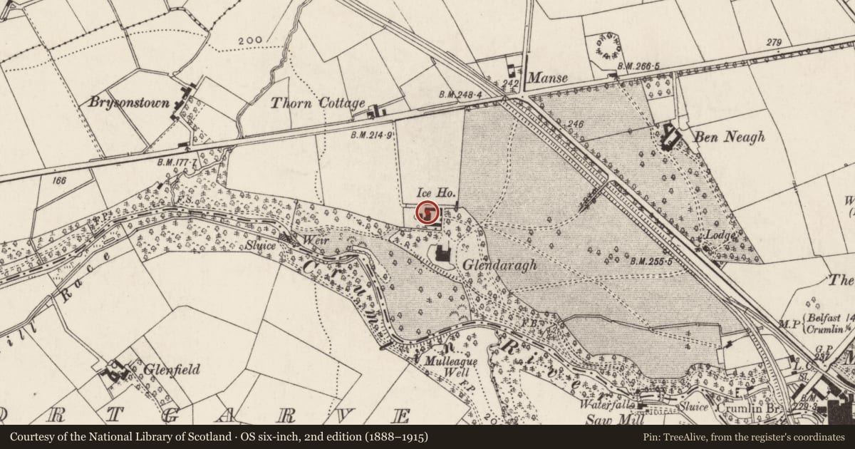 Ordnance Survey six-inch map, 2nd edition (1888–1915) covering the location of Farm buildings at Glendaragh, Crosshill, Antrim and Newtownabbey, with a pin at the register's coordinates
