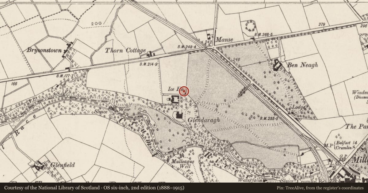 Ordnance Survey six-inch map, 2nd edition (1888–1915) covering the location of Ice house at Glendaragh, Crosshill, Antrim and Newtownabbey, with a pin at the register's coordinates