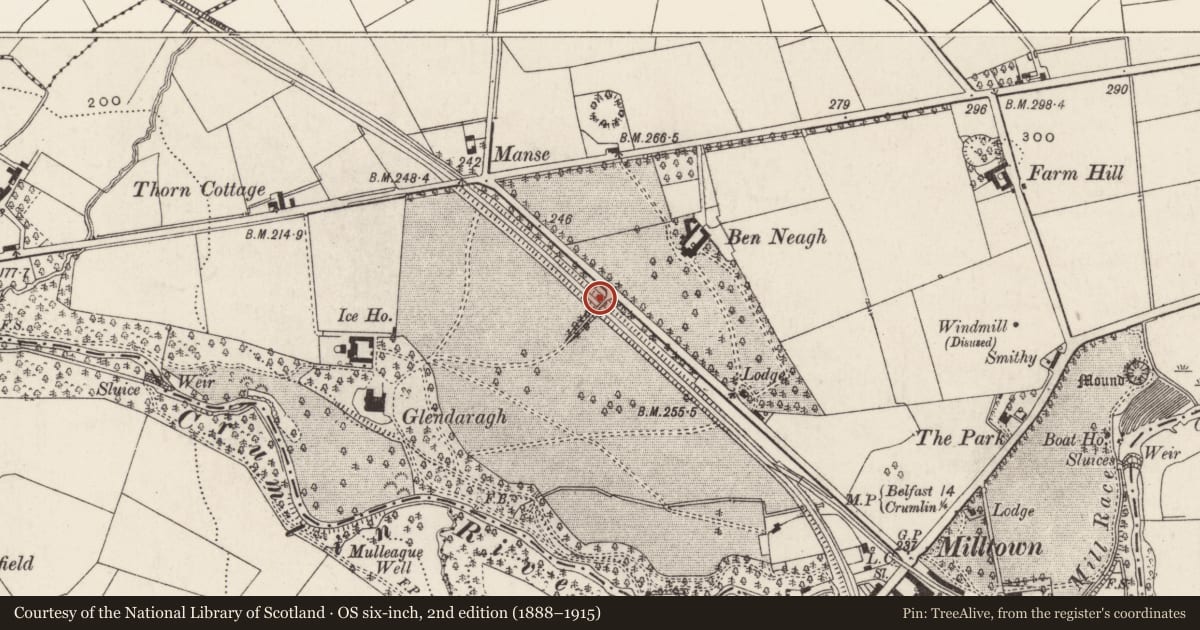 Ordnance Survey six-inch map, 2nd edition (1888–1915) covering the location of Bridge over railway at Glendaragh, Crosshill, Antrim and Newtownabbey, with a pin at the register's coordinates