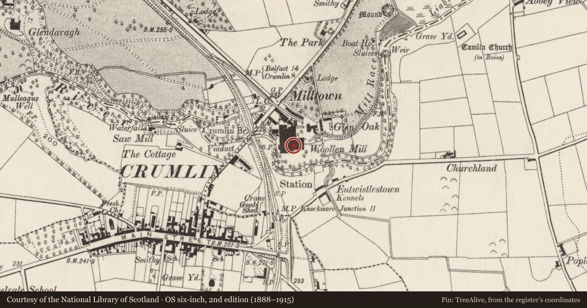 Ordnance Survey six-inch map, 2nd edition (1888–1915) covering the location of Glenoak Mills, Crosshill, Antrim and Newtownabbey, with a pin at the register's coordinates