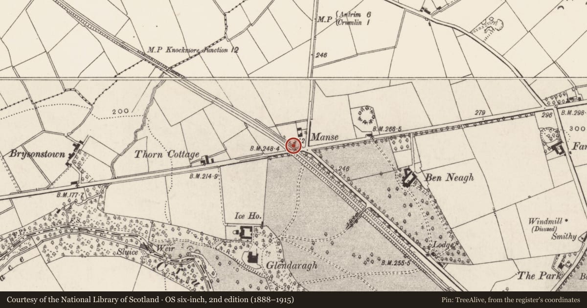 Ordnance Survey six-inch map, 2nd edition (1888–1915) covering the location of Bridge over railway, Crosshill, Antrim and Newtownabbey, with a pin at the register's coordinates