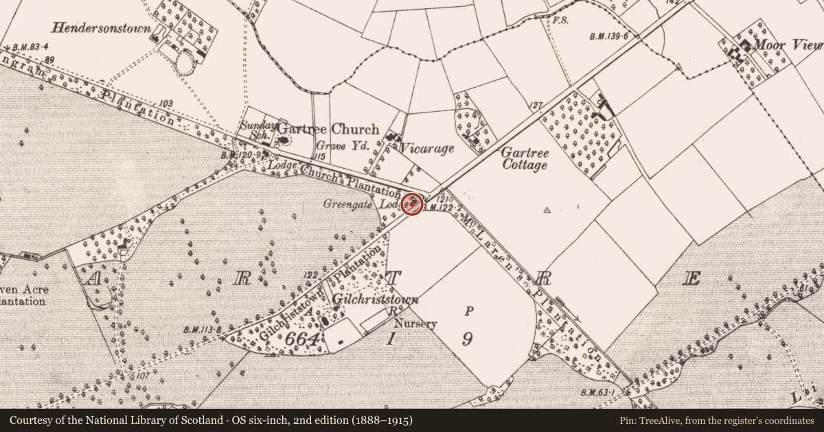 Ordnance Survey six-inch map, 2nd edition (1888–1915) covering the location of Greengate Lodge, Gartree, Antrim and Newtownabbey, with a pin at the register's coordinates