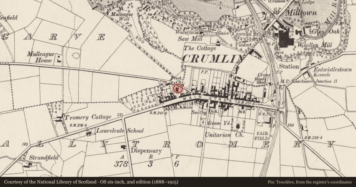 Ordnance Survey six-inch map, 2nd edition (1888–1915) covering the location of Crumlin Presbyterian Church, Ballytromery, Antrim and Newtownabbey, with a pin at the register's coordinates