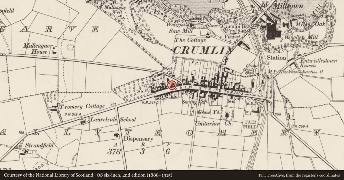 Ordnance Survey six-inch map, 2nd edition (1888–1915) covering the location of Session Room, Ballytromery, Antrim and Newtownabbey, with a pin at the register's coordinates