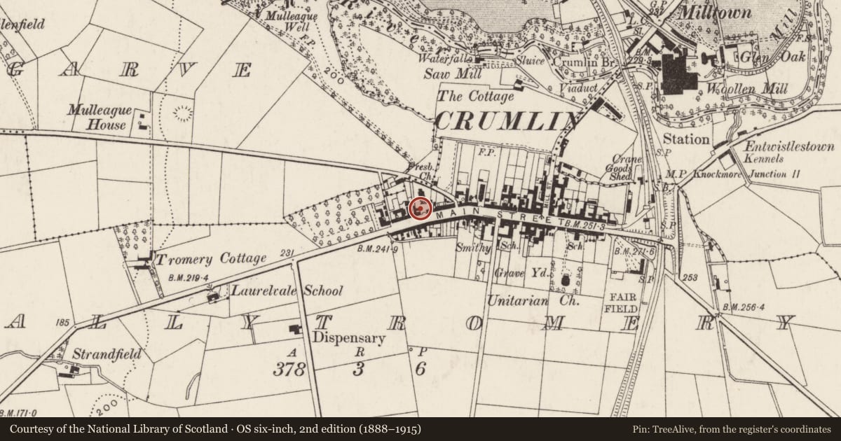 Ordnance Survey six-inch map, 2nd edition (1888–1915) covering the location of Sexton's House, Ballytromery, Antrim and Newtownabbey, with a pin at the register's coordinates