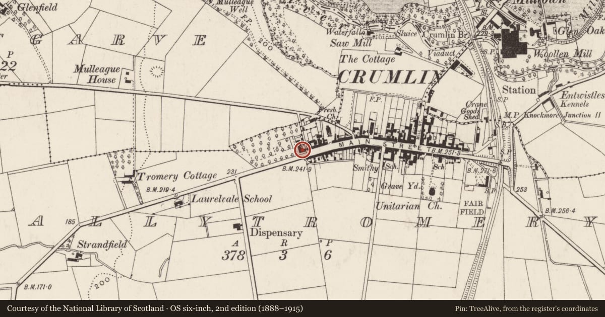 Ordnance Survey six-inch map, 2nd edition (1888–1915) covering the location of Park Lea, Ballytromery, Antrim and Newtownabbey, with a pin at the register's coordinates
