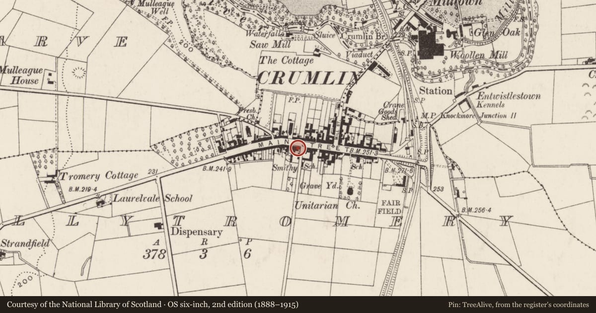 Ordnance Survey six-inch map, 2nd edition (1888–1915) covering the location of 54 Main Street, Ballytromery, Antrim and Newtownabbey, with a pin at the register's coordinates