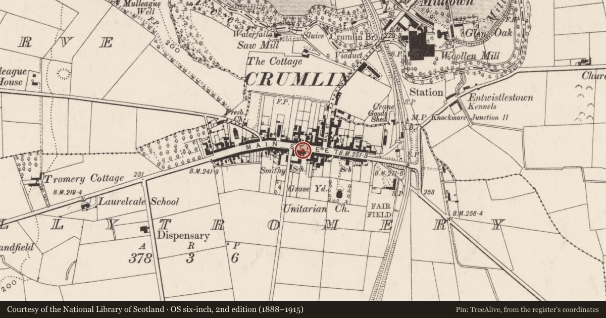 Ordnance Survey six-inch map, 2nd edition (1888–1915) covering the location of 48 Main Street, Ballytromery, Antrim and Newtownabbey, with a pin at the register's coordinates