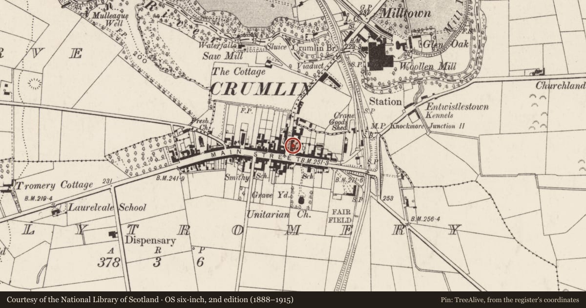 Ordnance Survey six-inch map, 2nd edition (1888–1915) covering the location of 3 Mill Road, Ballytromery, Antrim and Newtownabbey, with a pin at the register's coordinates