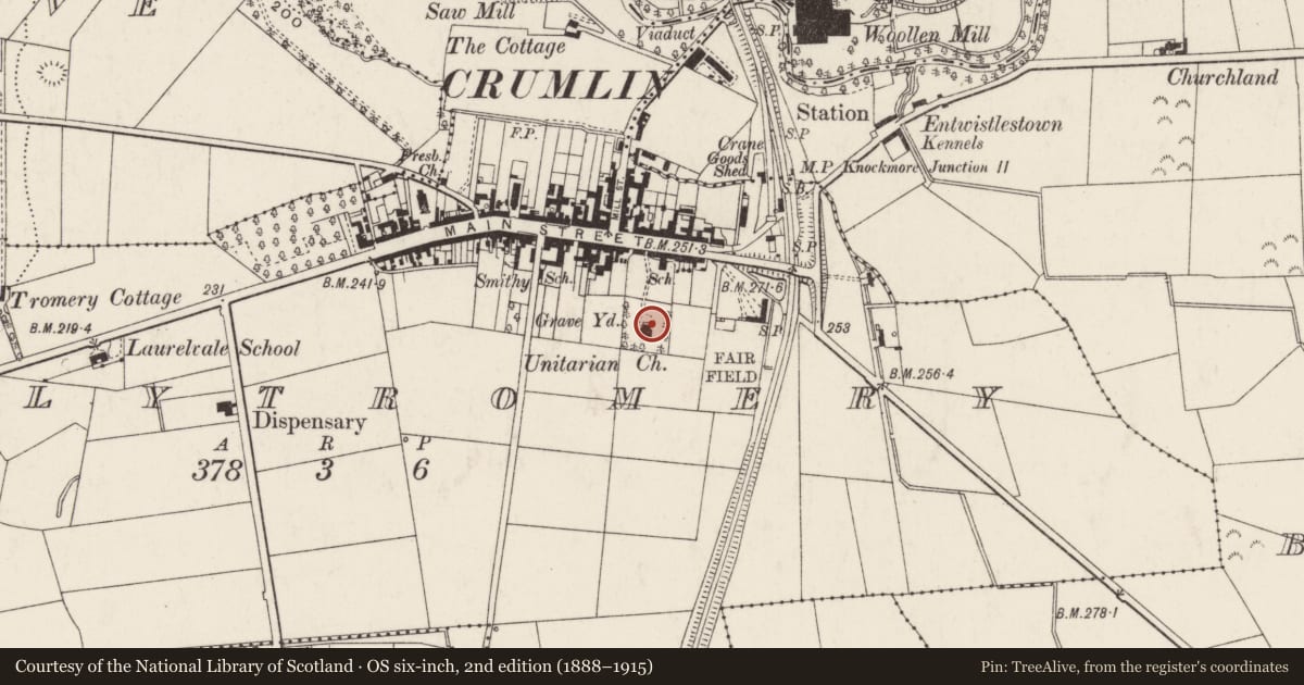 Ordnance Survey six-inch map, 2nd edition (1888–1915) covering the location of Non-Subscribing Presbyterian Church, Ballytromery, Antrim and Newtownabbey, with a pin at the register's coordinates
