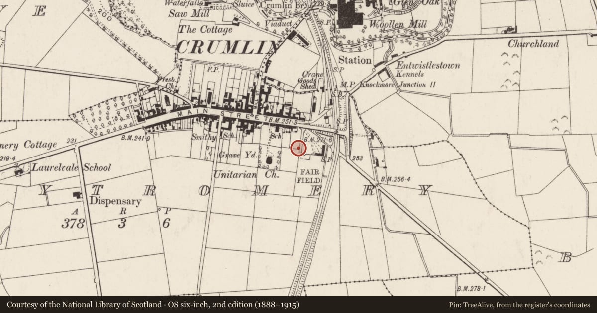 Ordnance Survey six-inch map, 2nd edition (1888–1915) covering the location of War Memorial, Ballytromery, Antrim and Newtownabbey, with a pin at the register's coordinates