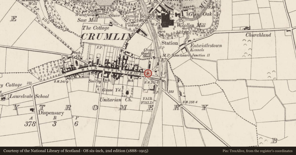 Ordnance Survey six-inch map, 2nd edition (1888–1915) covering the location of Pakenham Memorial, Ballytromery, Antrim and Newtownabbey, with a pin at the register's coordinates