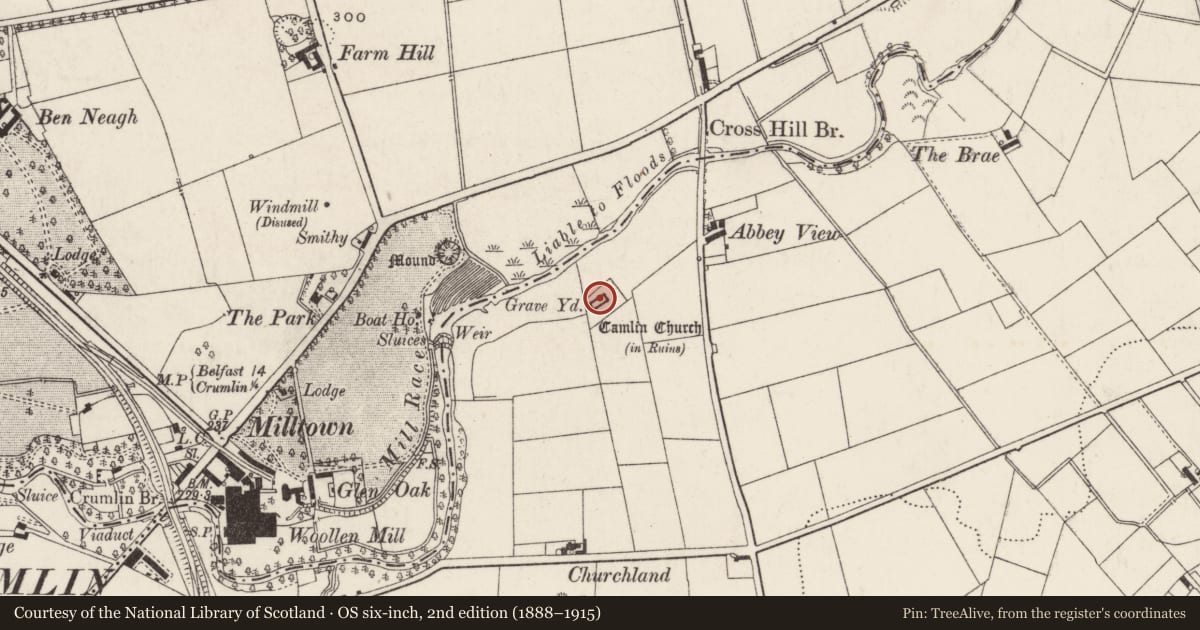 Ordnance Survey six-inch map, 2nd edition (1888–1915) covering the location of Camlin Church, Ballydonaghy, Antrim and Newtownabbey, with a pin at the register's coordinates