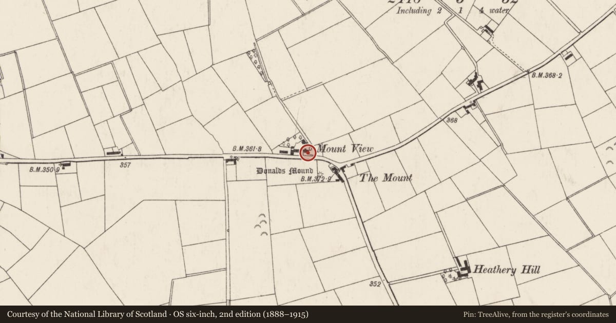 Ordnance Survey six-inch map, 2nd edition (1888–1915) covering the location of Mount View, Ballydonaghy, Antrim and Newtownabbey, with a pin at the register's coordinates