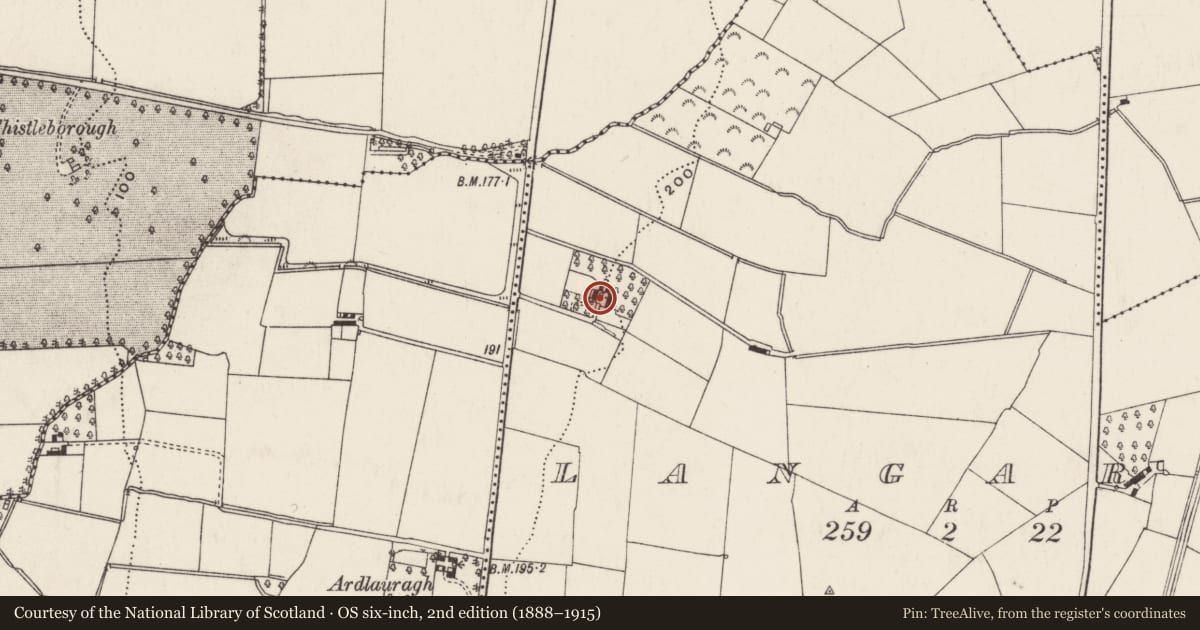 Ordnance Survey six-inch map, 2nd edition (1888–1915) covering the location of 60 Lurgan Road, Langarve, Antrim and Newtownabbey, with a pin at the register's coordinates