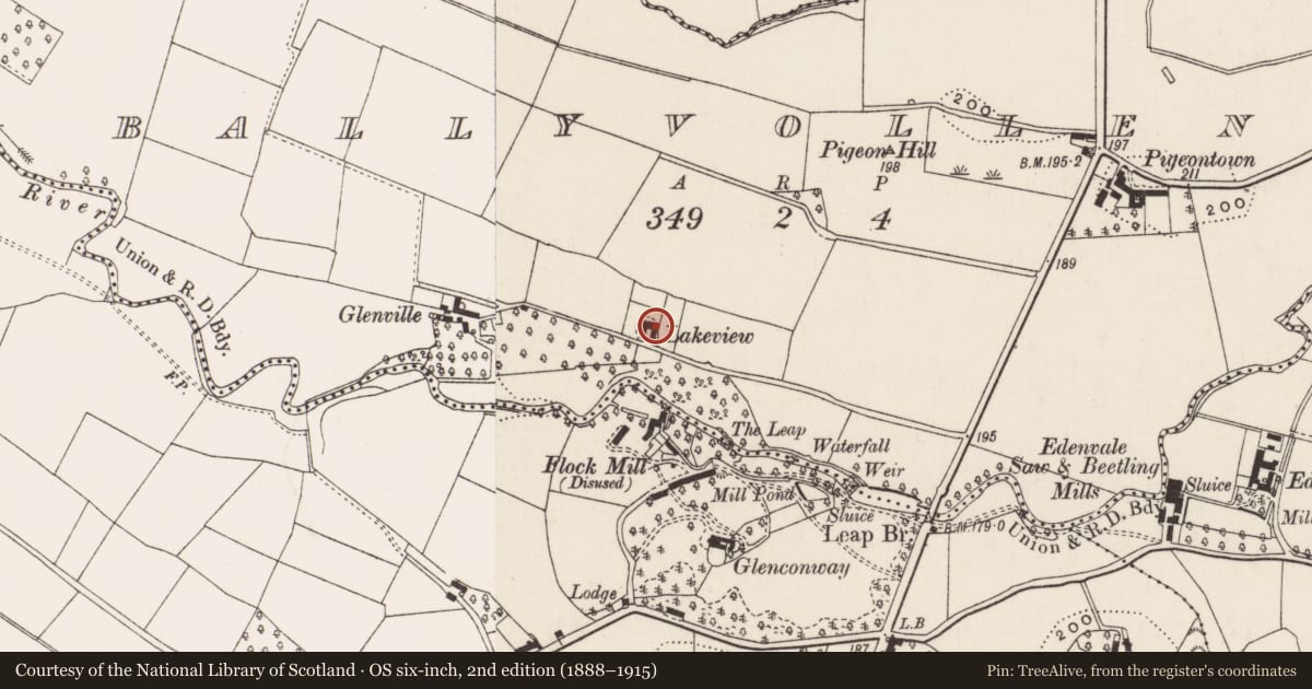Ordnance Survey six-inch map, 2nd edition (1888–1915) covering the location of Lakeview, Ballyvollen, Antrim and Newtownabbey, with a pin at the register's coordinates