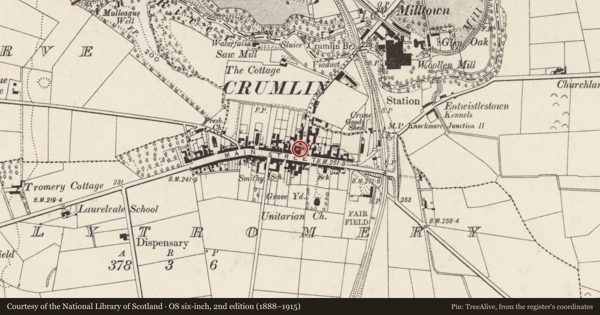 Ordnance Survey six-inch map, 2nd edition (1888–1915) covering the location of Ulster Bank, Ballytromery, Antrim and Newtownabbey, with a pin at the register's coordinates