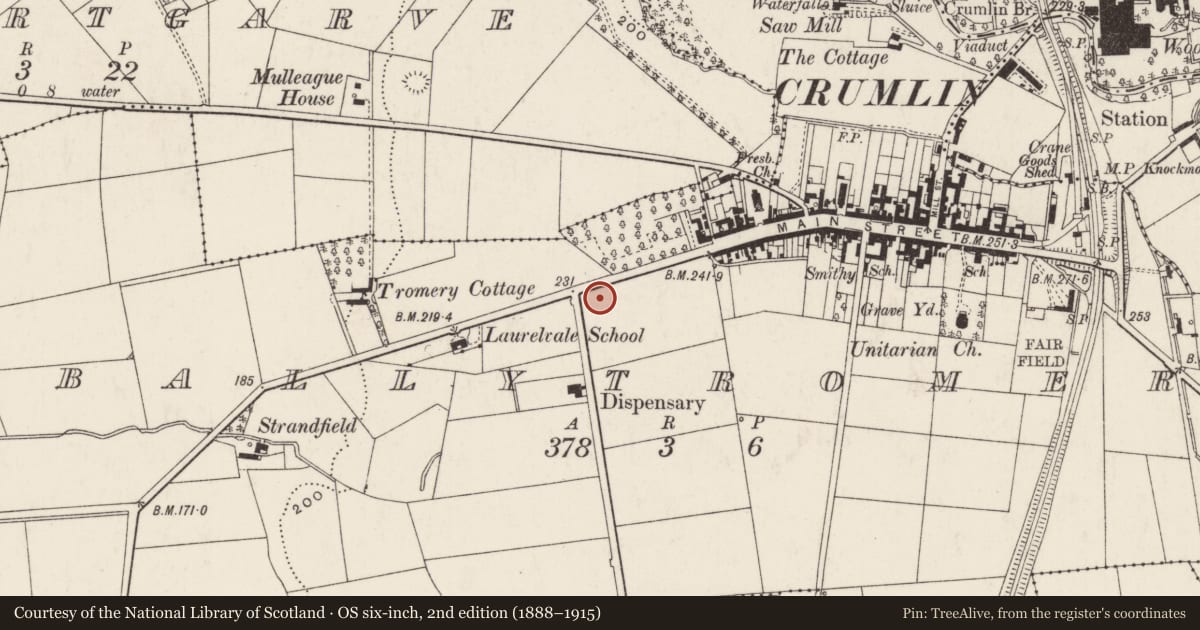 Ordnance Survey six-inch map, 2nd edition (1888–1915) covering the location of St John's C of I Church, Ballytromery, Antrim and Newtownabbey, with a pin at the register's coordinates