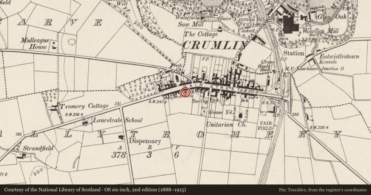 Ordnance Survey six-inch map, 2nd edition (1888–1915) covering the location of Crumlin Memorial Orange Hall, Ballytromery, Antrim and Newtownabbey, with a pin at the register's coordinates